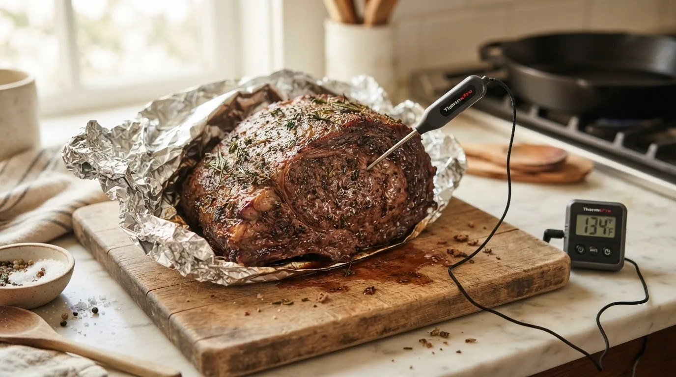 Beef roast resting on a cutting board with a probe thermometer still inside to track carryover cooking