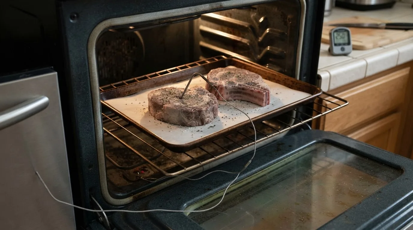 Thick steaks on a wire rack in a low oven with a leave-in probe thermometer for the reverse sear