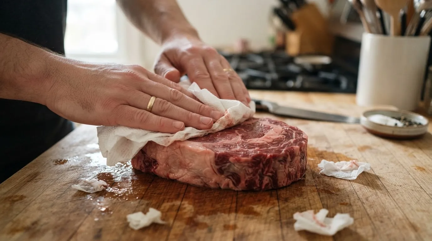 Patting a raw steak dry with paper towels before searing