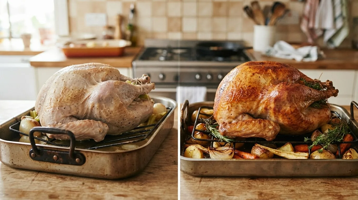 Pale, flabby turkey skin next to crisp, evenly golden turkey skin