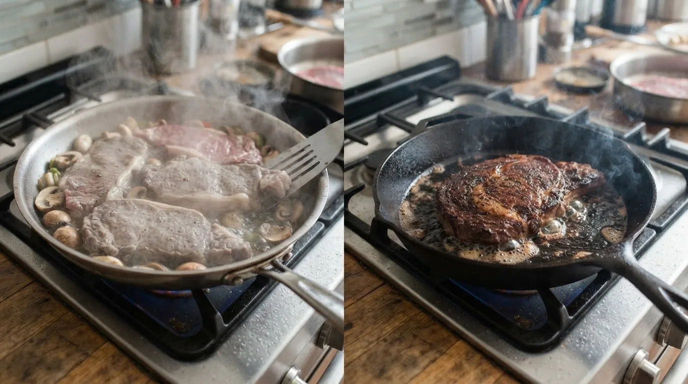 Pale steak steaming in a crowded pan next to a steak with a deep brown crust in a hot cast iron pan