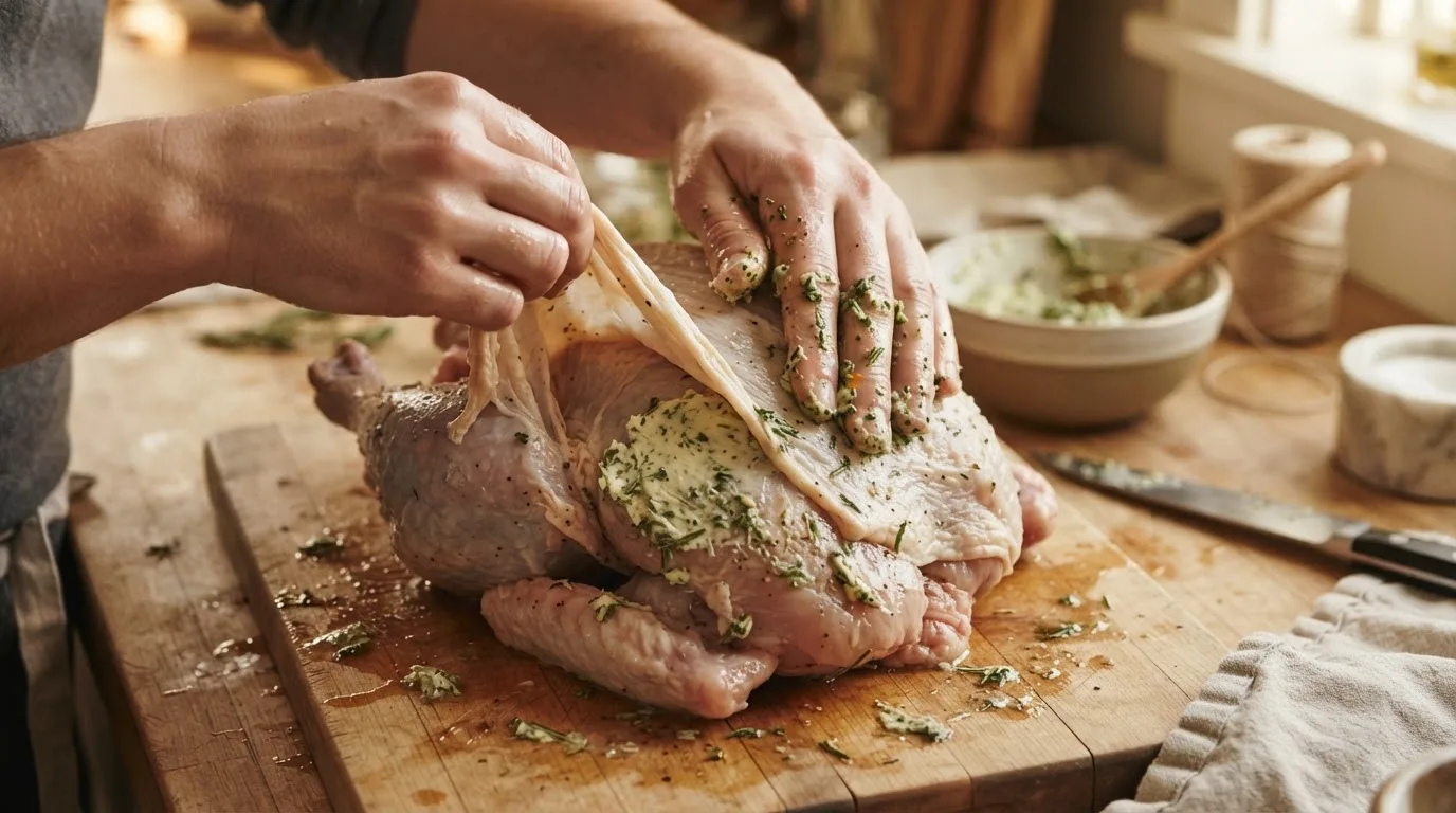 Hands spreading herb butter under the skin of a raw turkey breast