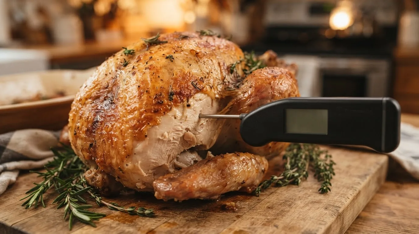 Thermometer inserted from the side into the thickest part of a roasted turkey breast