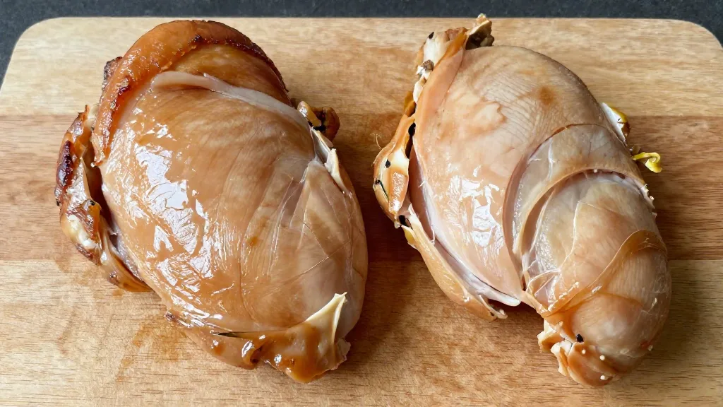 Juicy chicken breast slices next to dry, stringy overcooked chicken breast slices