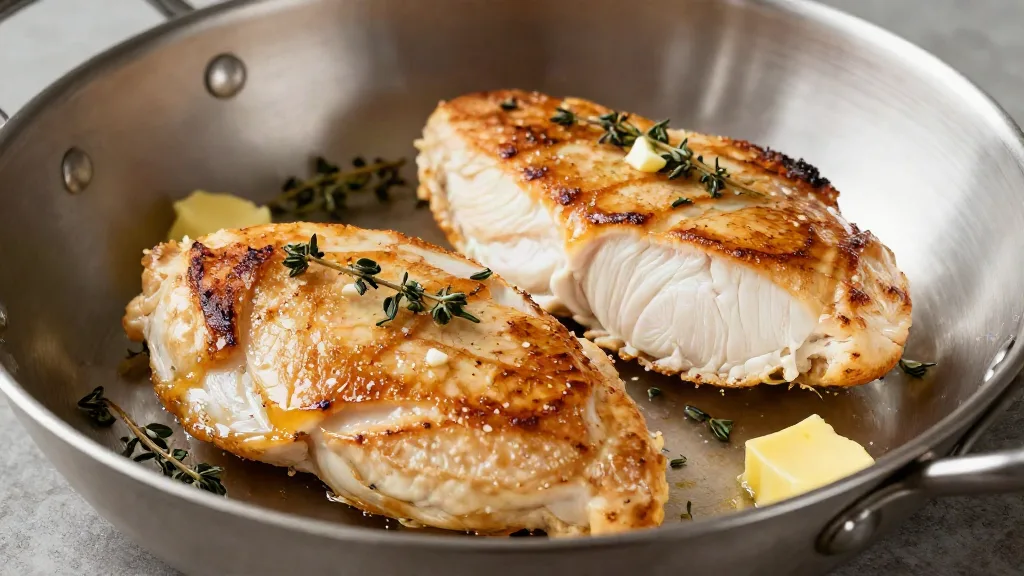 Golden pan-seared chicken breasts in a skillet, one sliced to show a juicy interior