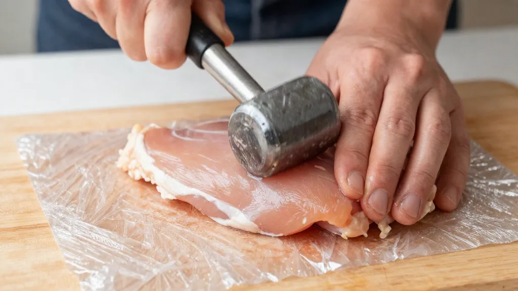 Pounding a raw chicken breast to an even thickness with a meat mallet
