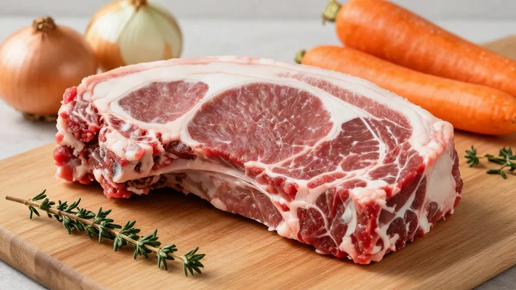 Raw beef chuck roast with streaks of fat and connective tissue, onions and carrots beside it