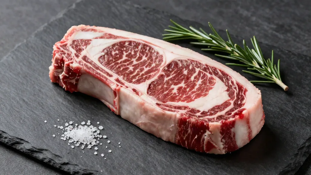 Raw bone-in ribeye steak with rich marbling and a fat cap on a slate board