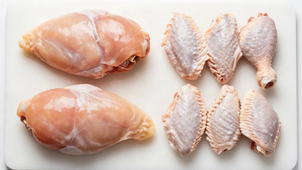 Raw chicken parts including breasts, wings and drumsticks on a white board