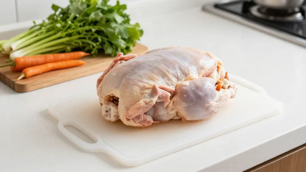 Raw chicken on its own cutting board, kept apart from fresh vegetables