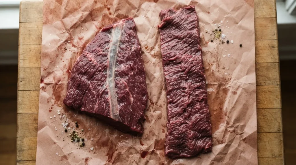 Raw hanger steak with its center sinew next to a long, thin raw skirt steak