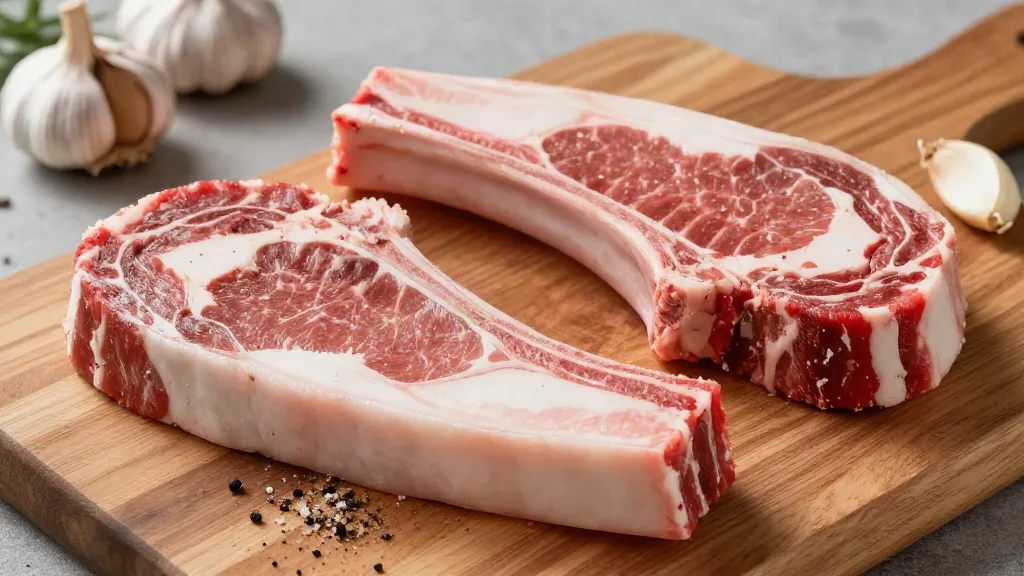 Two raw boneless New York strip steaks on a wooden cutting board