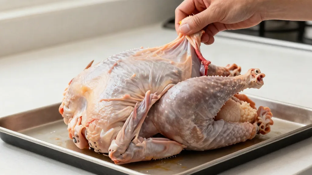 Removing the giblet bag and neck from the cavity of a thawed turkey
