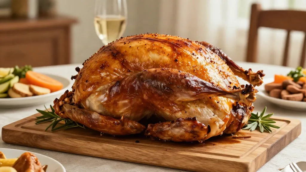 Golden roasted turkey on a carving board on a Thanksgiving table