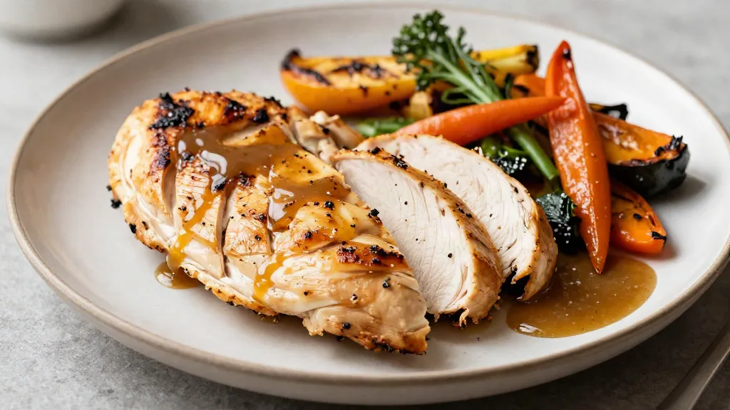 Sliced juicy roasted chicken breast on a plate with roasted vegetables and pan sauce