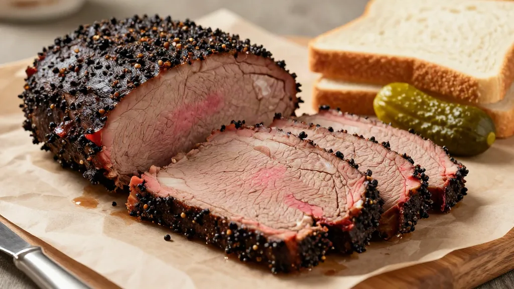 Sliced smoked beef brisket with a dark peppery bark and pink smoke ring