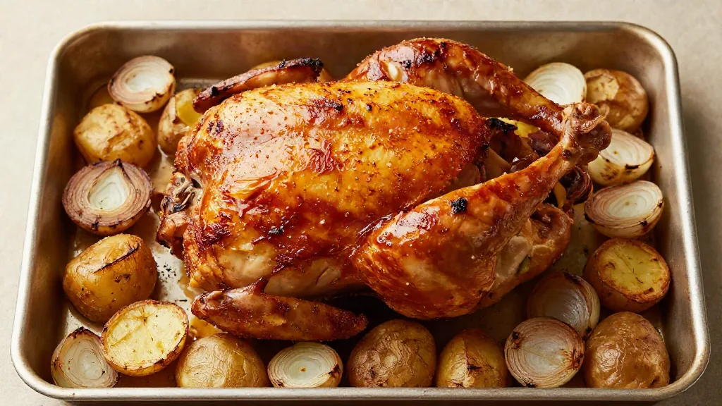 Spatchcocked roast chicken with crisp golden skin on a sheet pan with potatoes