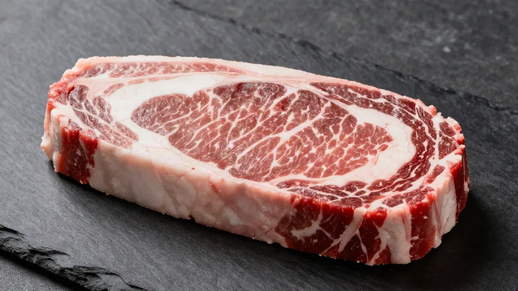 Close-up of a raw ribeye steak showing fine streaks of marbling