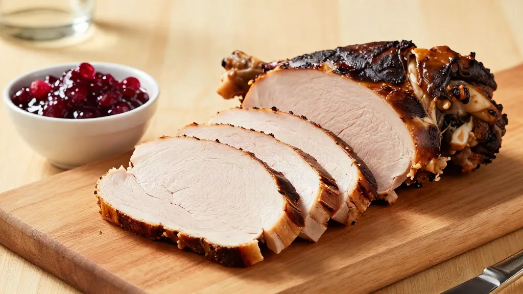 Carved turkey breast and thigh meat on a board with a small bowl of cranberry sauce