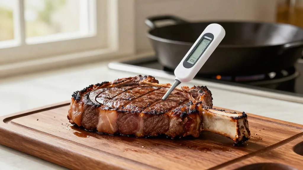 Seared steak on a cutting board with an instant-read thermometer checking its internal temperature