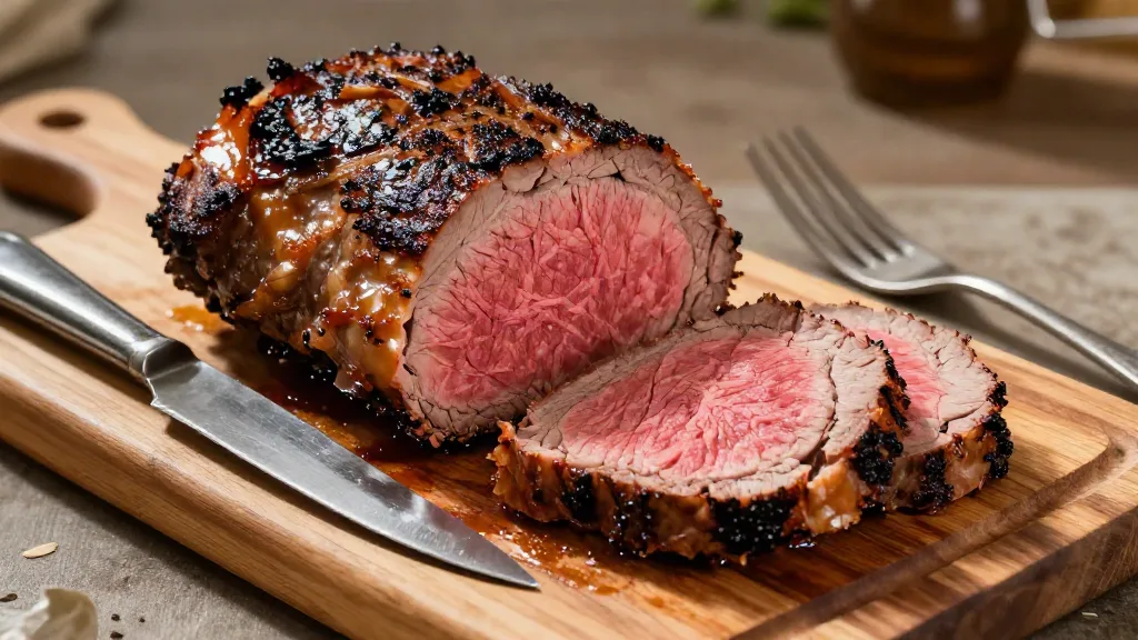 Sliced beef roast with an even medium-rare interior and browned crust on a wooden board