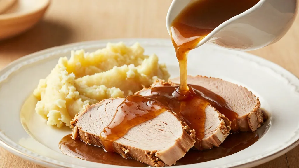 Turkey gravy poured from a gravy boat over sliced turkey breast with mashed potatoes