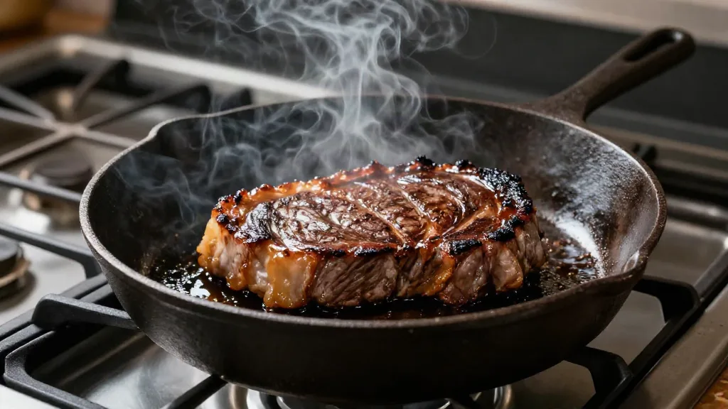 Thick steak searing in a smoking hot cast iron skillet