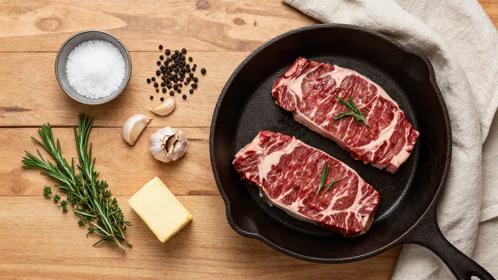 Raw steaks with kosher salt, peppercorns, garlic, thyme, rosemary, butter and a cast iron skillet