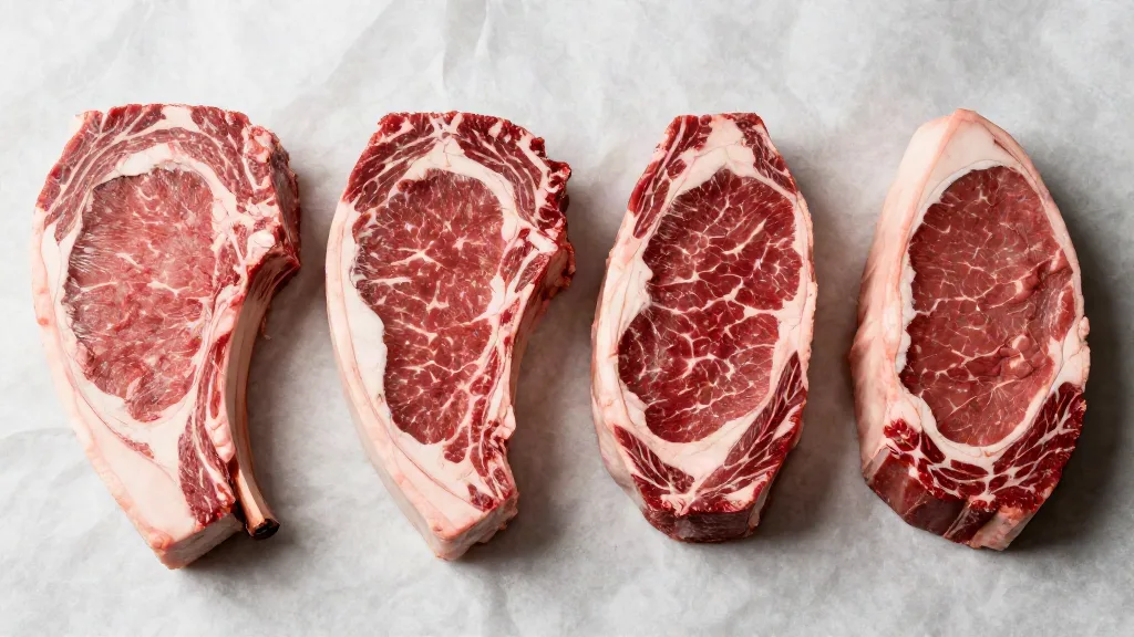 Raw ribeye, New York strip, filet mignon and top sirloin steaks side by side on butcher paper