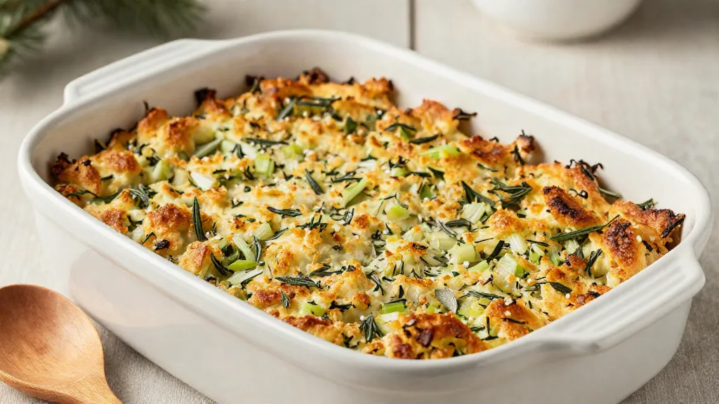 Herb bread stuffing baked separately in a casserole dish with a golden crisp top