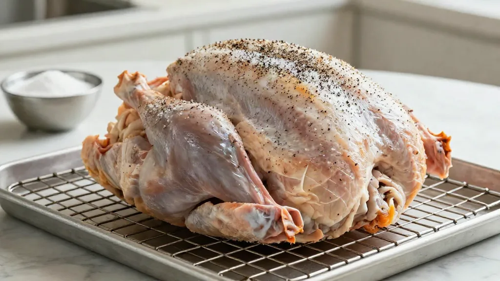 Raw turkey seasoned with kosher salt and pepper on a wire rack for dry brining
