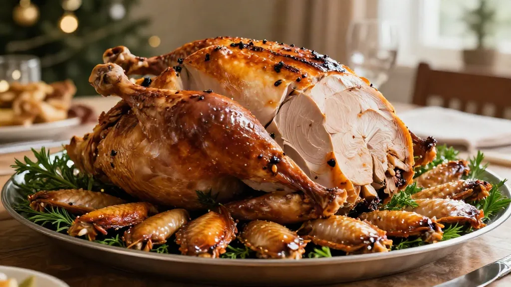 Platter of carved roast turkey with sliced breast, drumsticks, thighs and wings