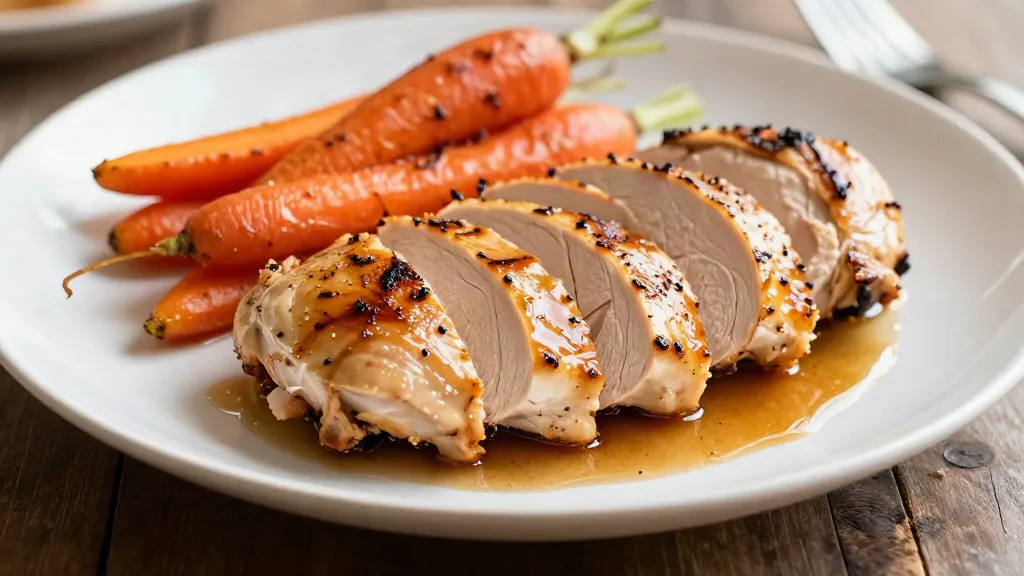 Sliced roast chicken breast cooked to 165°F, fanned on a plate with pan juices