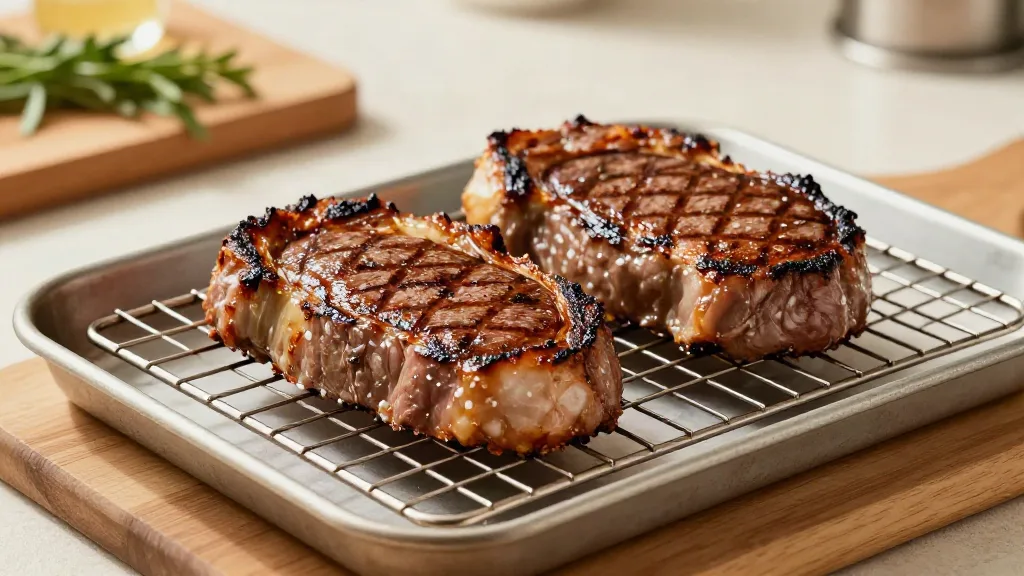 Two seared steaks resting uncovered on a wire rack over a sheet pan