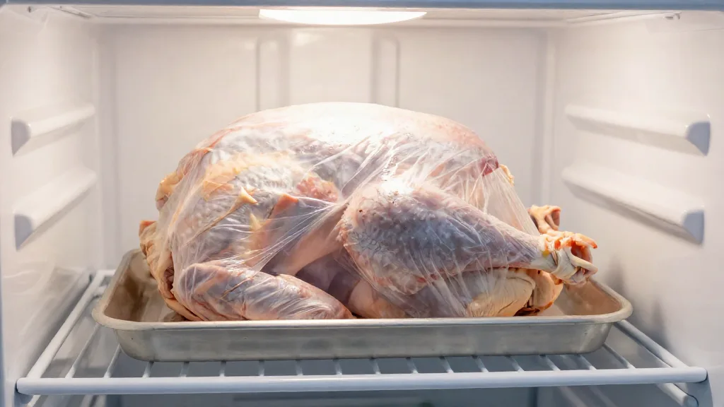 Frozen turkey thawing in its wrapper on a sheet pan on the bottom shelf of a refrigerator
