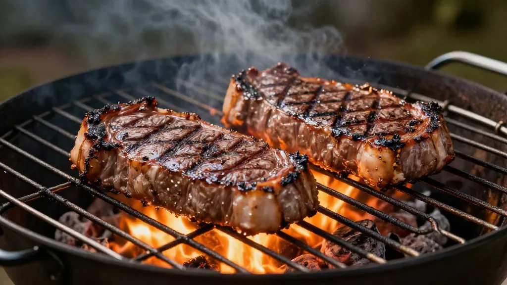 Two thick steaks with grill marks on a charcoal grill grate over flames