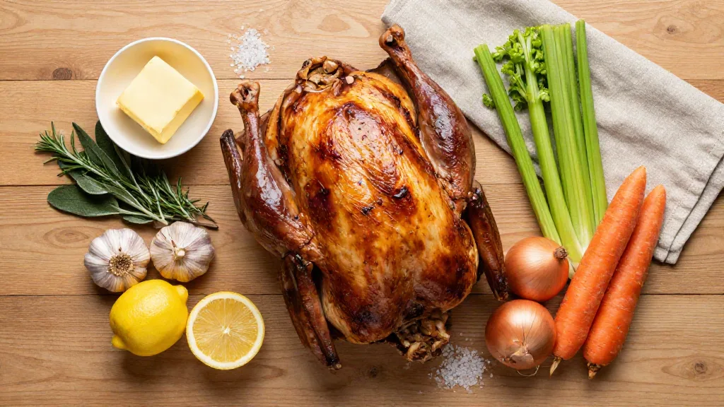 Turkey roasting ingredients: butter, sage, rosemary, thyme, garlic, lemons, onions, celery and carrots