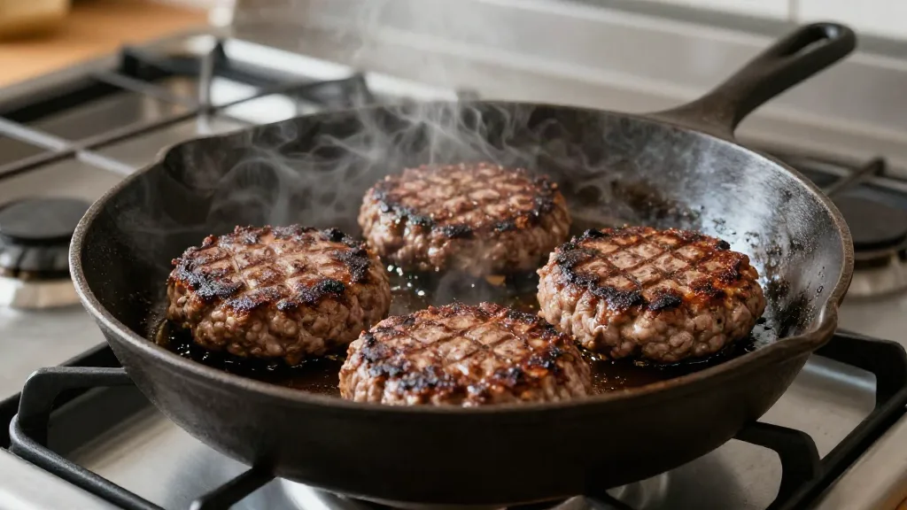 Ground beef burger patties browning in a cast iron skillet on a home stove