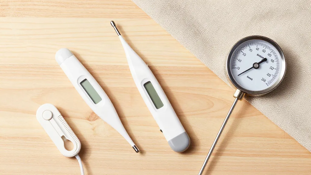 Instant-read, leave-in probe and dial meat thermometers laid out on a wooden surface