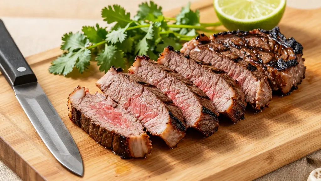 Grilled flank steak sliced thin across the grain on a wooden board with lime and cilantro