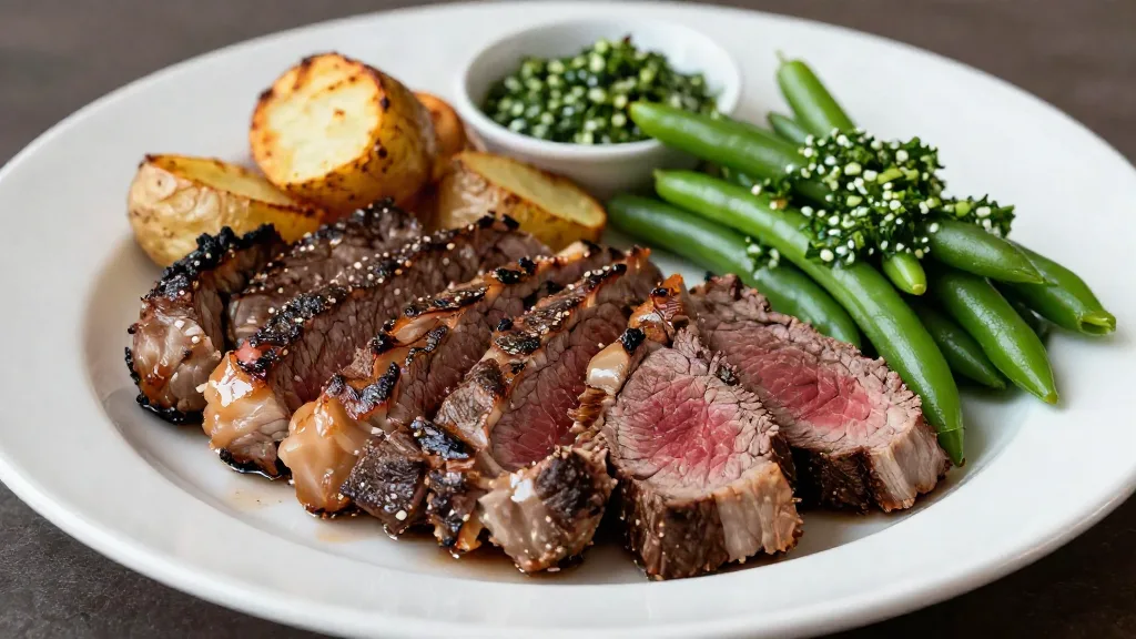 Sliced New York strip steak on a plate with roasted potatoes, green beans and chimichurri