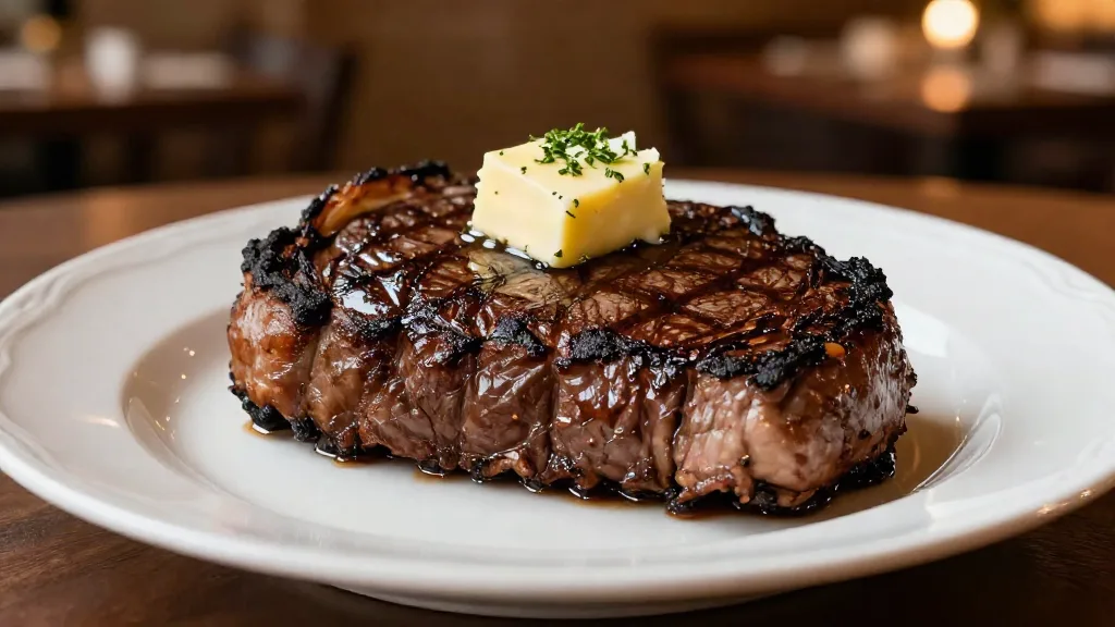 Thick seared filet mignon topped with melting herb butter
