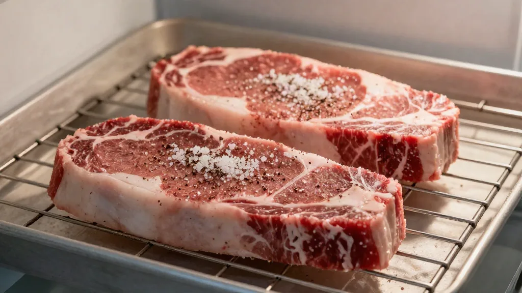 Salted raw steaks dry brining uncovered on a wire rack in the refrigerator