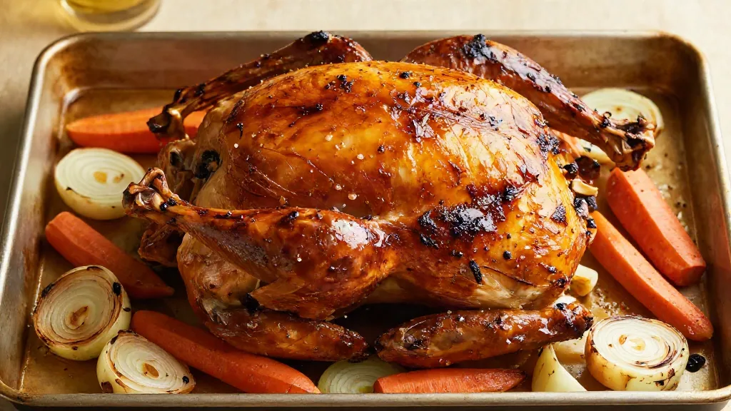 Spatchcocked turkey roasted golden brown on a sheet pan over onions and carrots