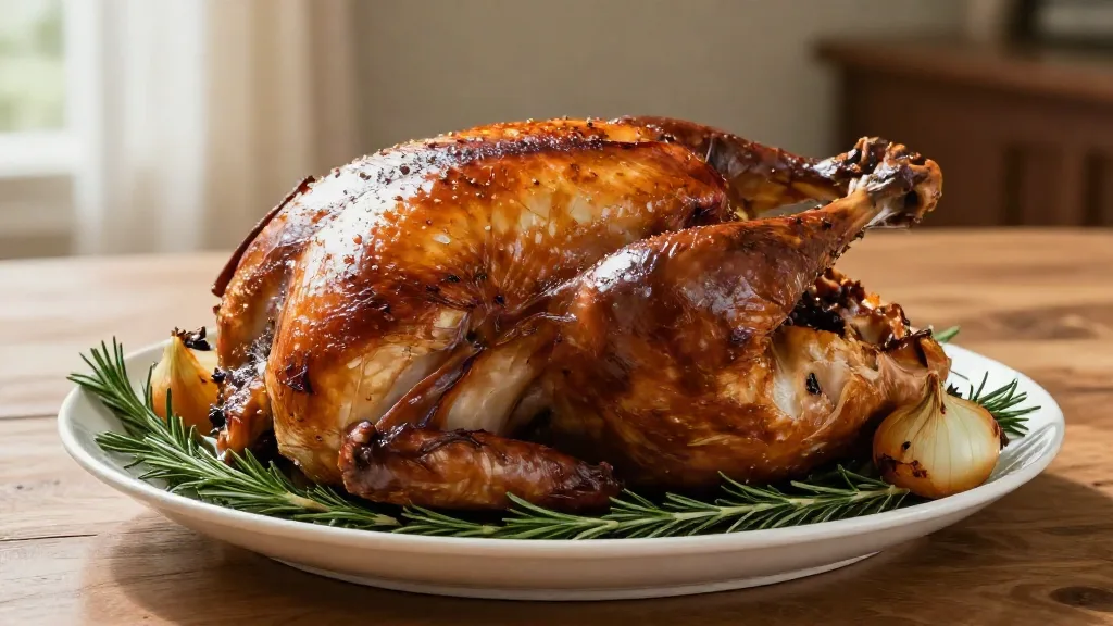 Whole roasted turkey with golden brown skin on a platter with rosemary and roasted onions