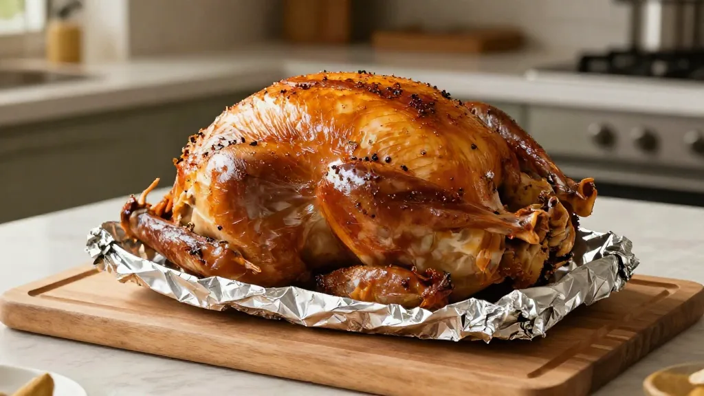 Roasted turkey resting on a carving board under a loose foil tent
