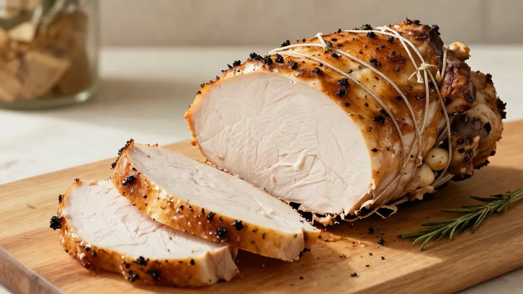 Roasted turkey breast tied with twine and sliced to show juicy white meat