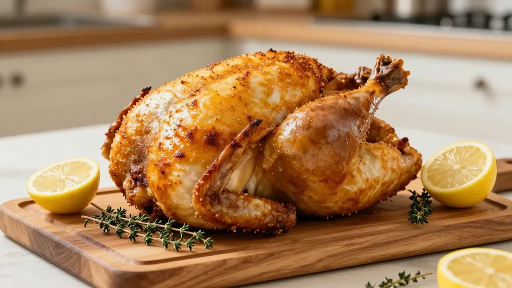 Golden roast chicken with crisp skin resting on a carving board with lemon and thyme