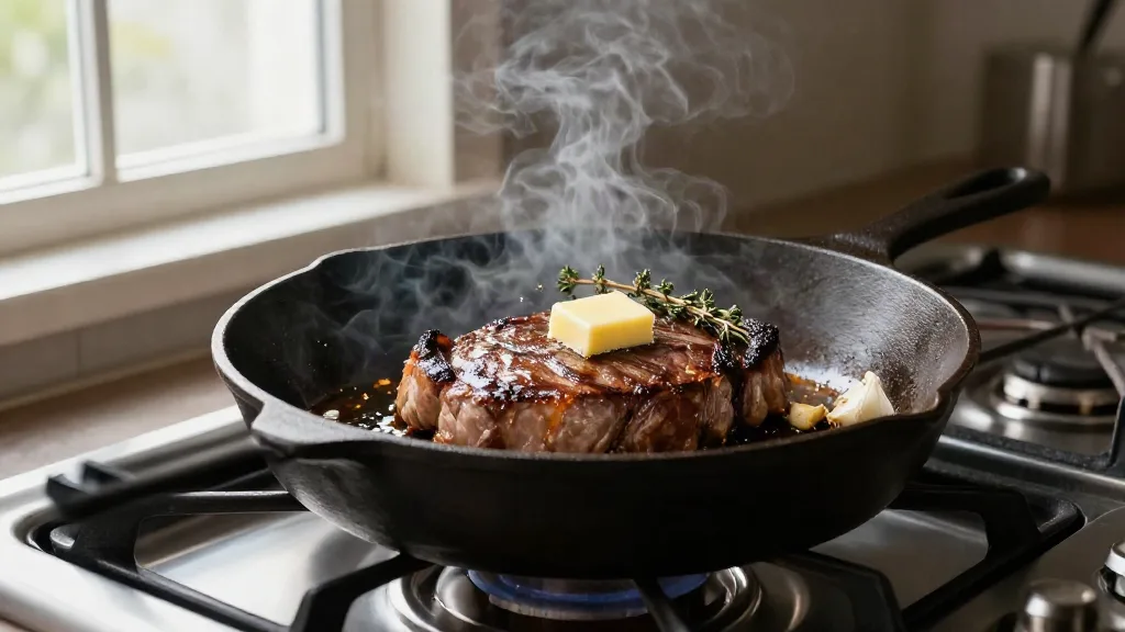 Thick steak searing in a cast iron skillet with butter, garlic and thyme