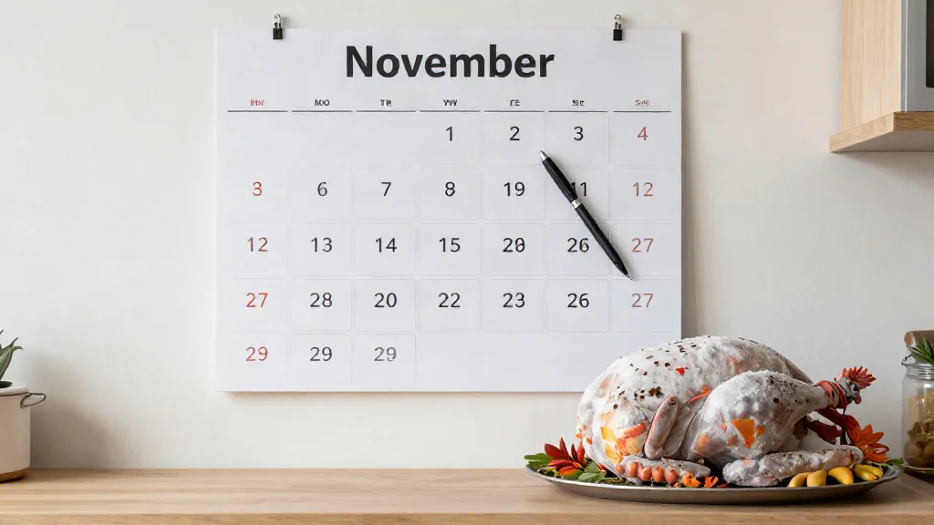 Kitchen calendar and a frozen turkey on the counter for planning a Thanksgiving thaw